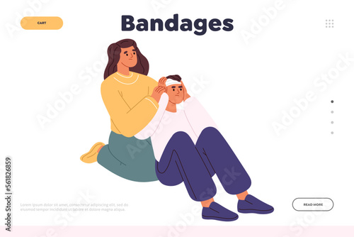 Bandages concept of landing page with woman bandaging man head after brain injury, concussion