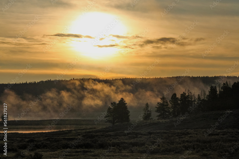 Obraz premium Foggy Yellowstone sunrise.