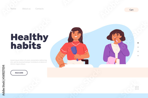 Healthy habits concept of landing page with small girl kids brushing hair and teeth in bathroom