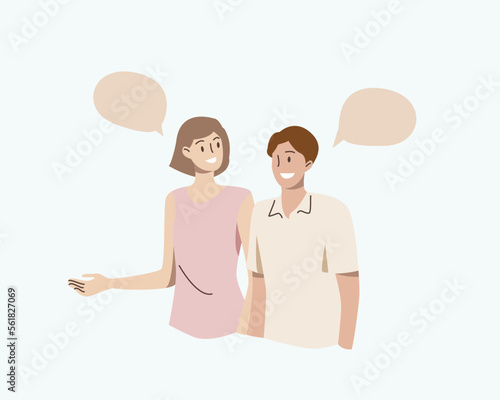 People talking, telling or speaking. Communication concept.Couple chatting with speech bubbles.Men and women meeting.Dialogue between characters.
