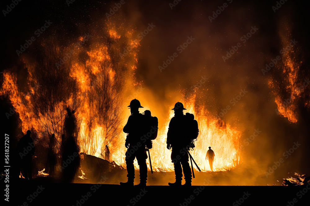 Silhouette of Firemen fighting a raging fire with huge flames of burning timber. Generative AI