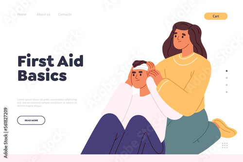 First aid basics concept of landing page with woman putting bandage on man head after brain injury