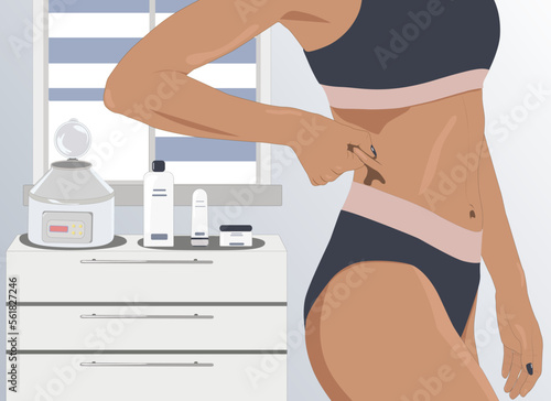 illustration.Girl pulls the skin on the abdomen, showing the body fat. Treatment and disposal of excess weight, the deposition of subcutaneous fat