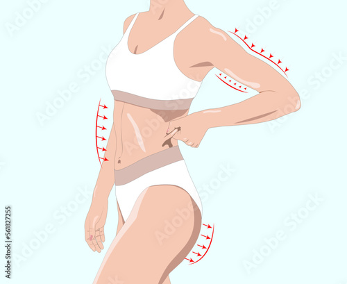 illustration.Girl pulls the skin on the abdomen, showing the body fat. Treatment and disposal of excess weight, the deposition of subcutaneous fat