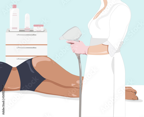 Illustration.Elos epilation, hair removal procedure on a woman’s body. Beautician doing laser rejuvenation in a beauty salon. Removing unwanted body hair.