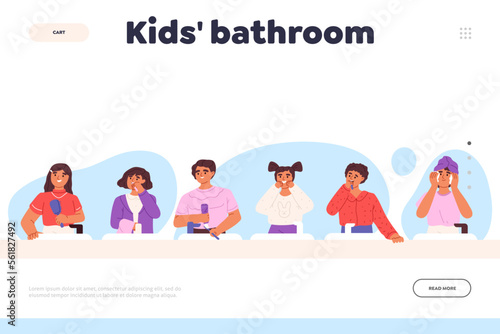 Kids bathroom concept of landing page with children doing morning daily routine and hygiene