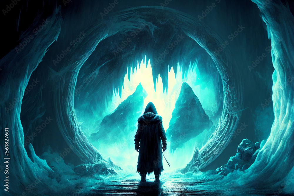 Ice kingdom entrance with warrior entering it. Generative AI illustration - obrazy, fototapety, plakaty 