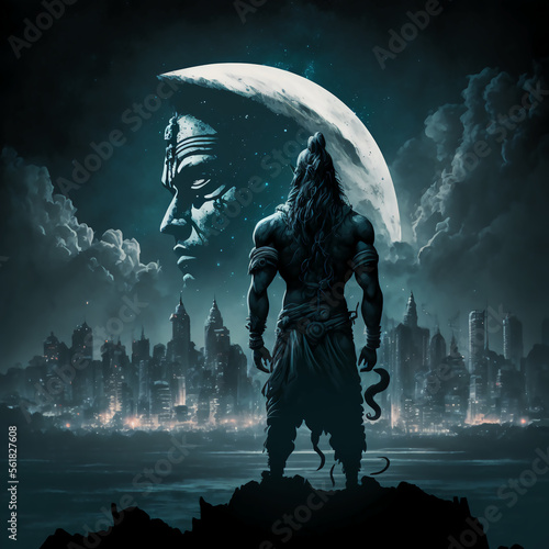 Lord shiva watching and gaurding the city at night from far away from the city photo