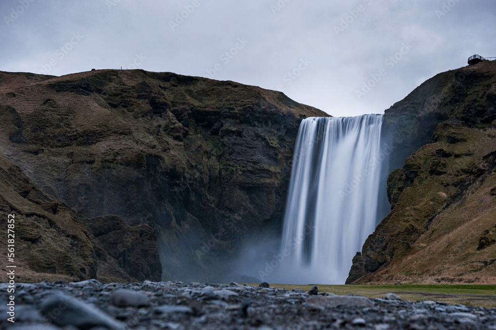 Obraz premium Skogafoss Waterfall In Iceland. Long Exposure. Blurry Water.