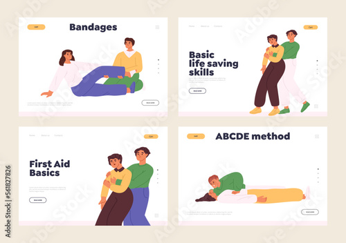 First aid basic skills for saving life concept of template landing pages set with people training
