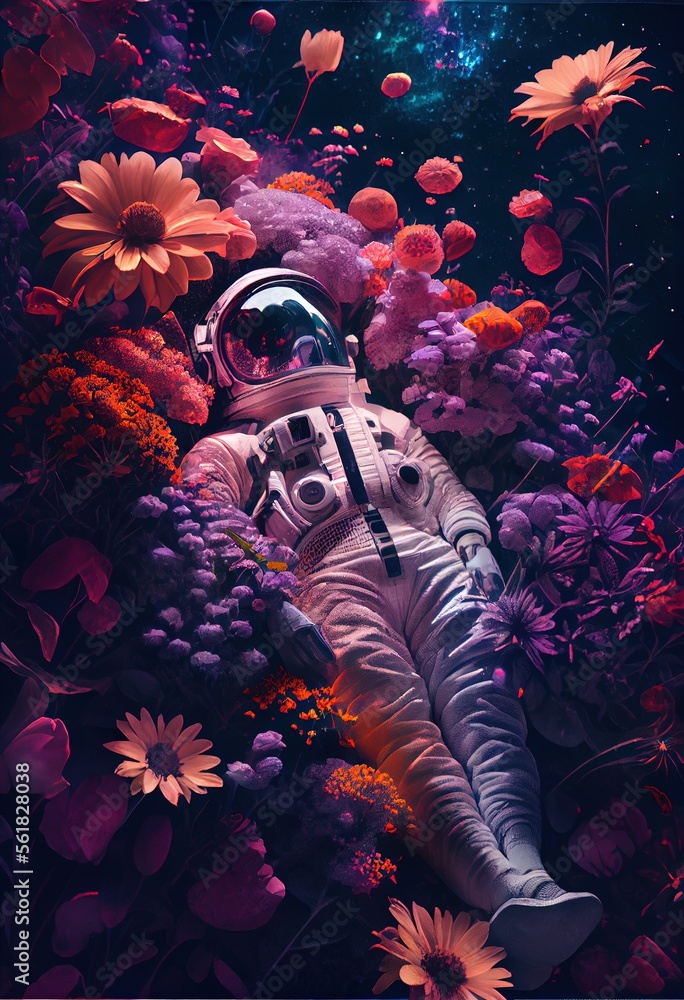 astronaut laying in flowers and dreaming Generative AI