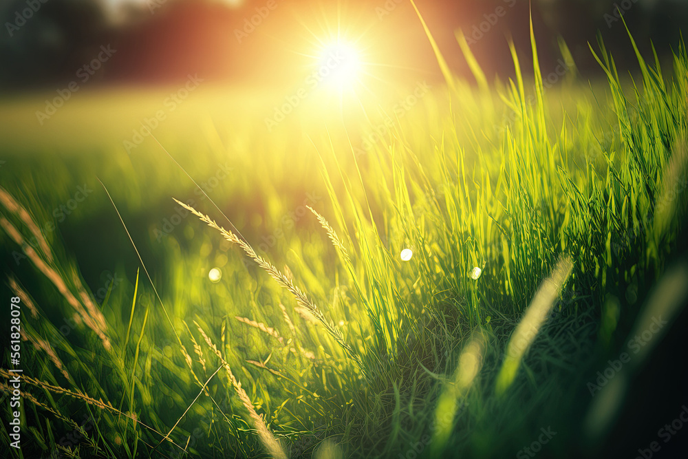 Sun and green grass in a field. Generative AI