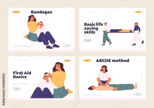 First aid basic skills for saving life concept of template landing pages set with people training