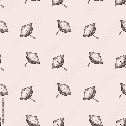 Graduate hat engraved seamless pattern. Vintage element education in hand drawn style. Sketch texture for fabric, wallpaper, textile, print, title, wrapping paper. Vector illustration.