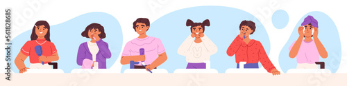 Morning daily kids routine. Children in bathroom brush teeth, use dental floss, comb hair, wash face