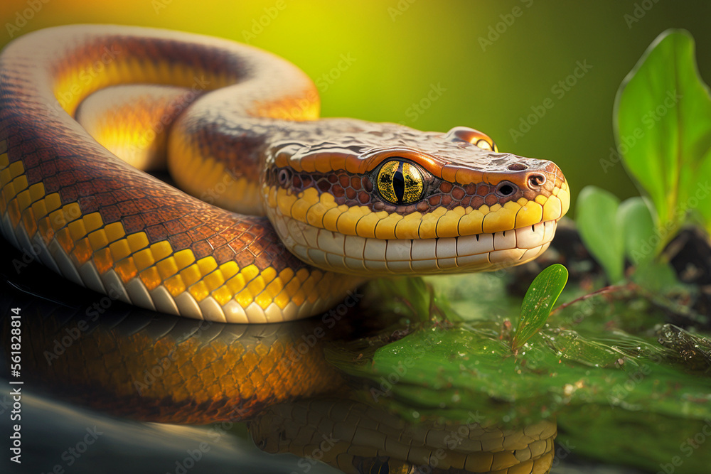 Obraz premium macro shot of yellow brown garden snake made by generative ai