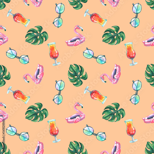 A tropical, seamless pattern with pink flamingos, monstera leaves, sunglasses and a beach cocktail. Watercolor illustration on a coral background from the BEACH BAR set. For fabric and wallpaper © NATASHA-CHU