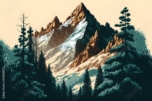 Illustrative drawing of a high mountain with trees and vegetation. Landscape design. Generative AI.