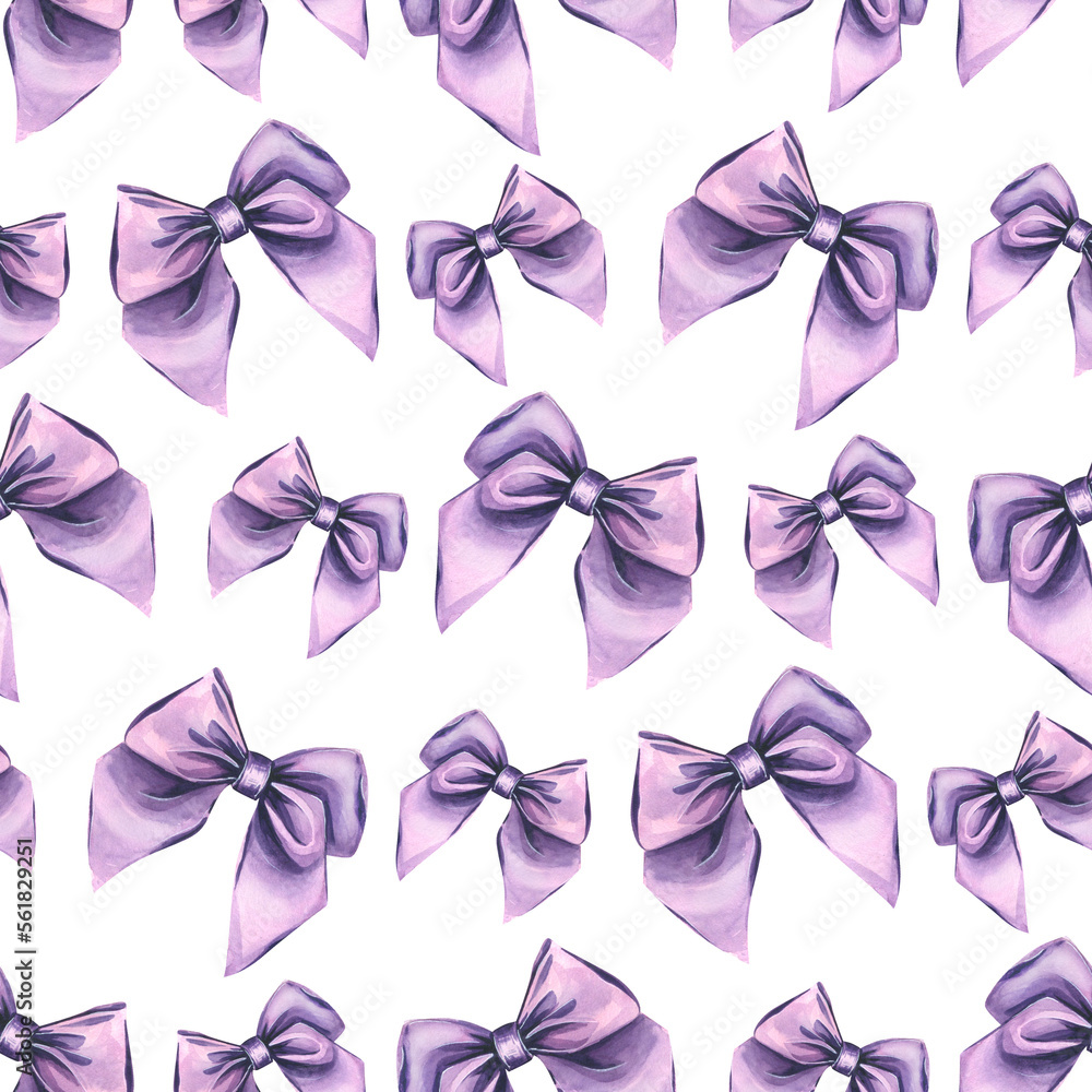 Lilac, satin bows on a white background. Watercolor illustration. Seamless pattern from the LAVENDER SPA collection. For decoration and design of fabrics, textiles, wallpaper, packaging paper.