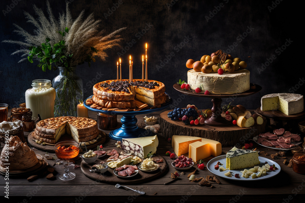 a beautifully decorated birthday table with a buffet of finger foods and caterer bread and cheese. Generative AI