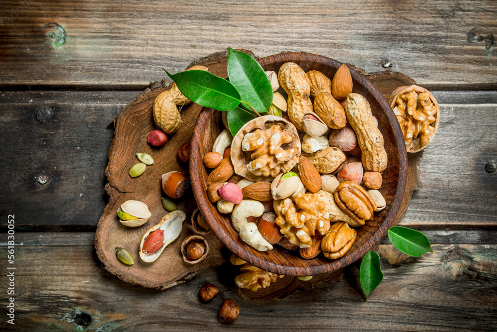 Different kinds of nuts in bowl with leaves.
