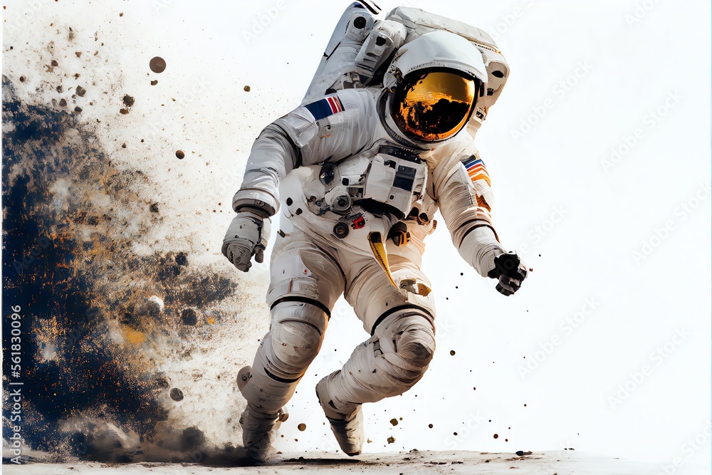 An astronaut running on a white background.. Generative AI