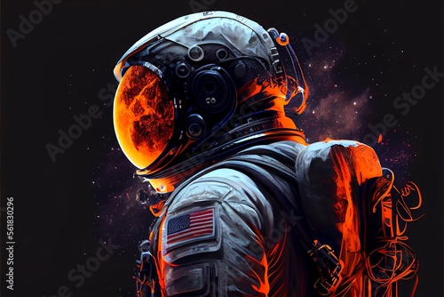 An illustration of the backside of an astronaut in a space suit.. Generative AI