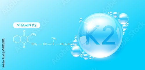 Drop water vitamin K2 blue with chemical structure. Vitamins complex collagen serum. Beauty treatment skincare. Medical and scientific concepts. 3D Realistic Vector EPS10.