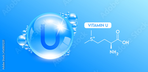 Drop water vitamin U blue with chemical structure. Vitamins complex collagen serum. Beauty treatment skincare. Medical and scientific concepts. 3D Realistic Vector EPS10.
