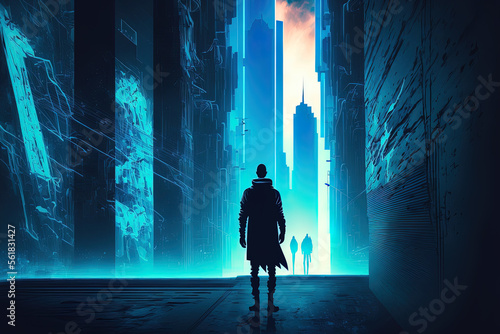Man moving through a futuristic city. digital artwork of a desolate future scene. Neon illumination  huge structure. A illustration of a contemporary blue cityscape. urban dystopia wallpaper. Backgrou