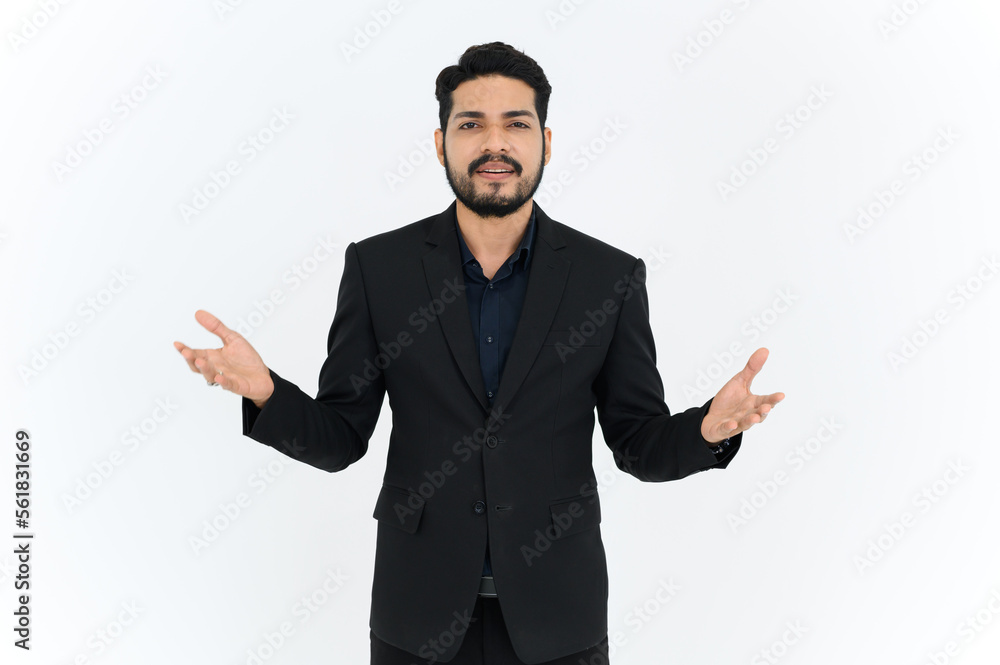 Young Asian businessman presenting something, looking at the camera isolated on white background. making video call, recording webinars, online course. Young Asian businessman presenting something, looking at the camera isolated on white background. making video call, recording webinars, online course.