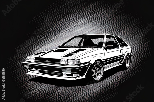 Illustration of an AE86 automobile. Background is in black and white. A wheeled motor vehicle used for transportation is known as a car (or automobile). Generative AI photo