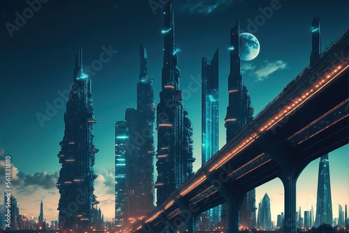 Cyberpunk hyper Futuristic city skyline at night with a dramatic universe galaxy sky. Full moon shining over the city. Speed lights. Elevated futuristic train tracks.