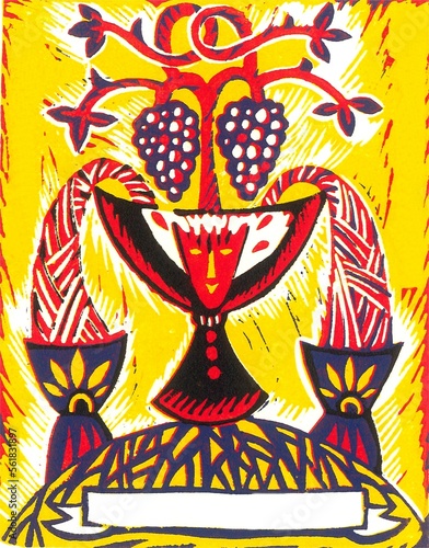 mask, grapes and wine in the style of linocut