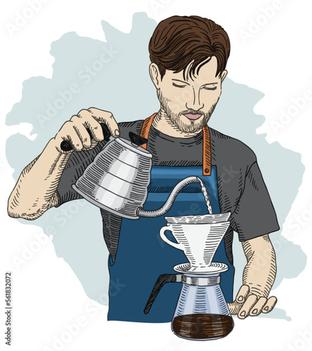 Barista making pour over brewing coffee with V60 dripper. Hand drawing colorful vector illustration.