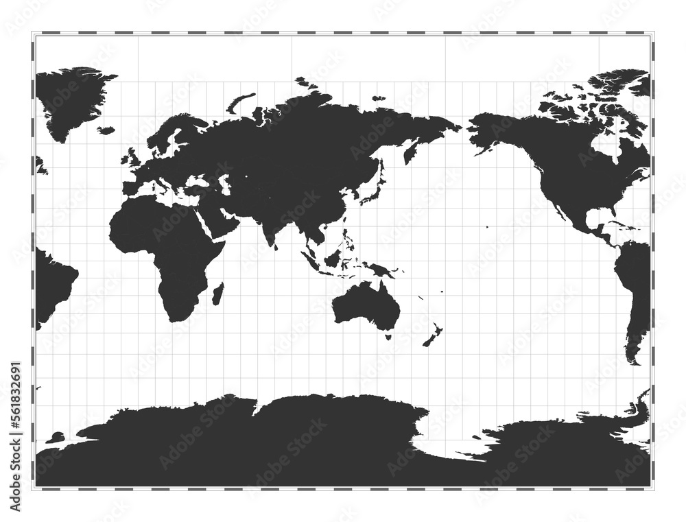 Vector world map. Miller cylindrical projection. Plain world geographical map with latitude and longitude lines. Centered to 120deg W longitude. Vector illustration.