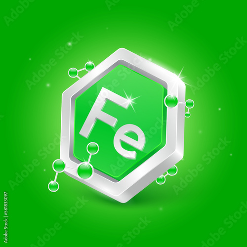 Iron minerals in pentagon green shape with chemical atom molecule orbit around. 3D Logo label nutrition silver. Used for products food and medicine design. Science concepts. Isolated Vector.