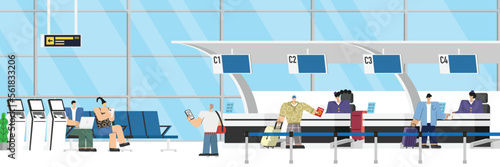 Airport departure hall with passenger check in flight register with luggage in queue check in counter for boarding plane departure, travelers aircraft vector illustration