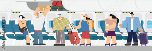 people passenger boarding airplane to sitting on chairs in plane cabin during air flight. Side view of people boarding traveling by aircraft.aeroplane interior background