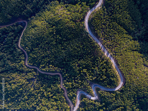 Aerial View of Countryside Road Passing Through the Green Forrest and Mountain.