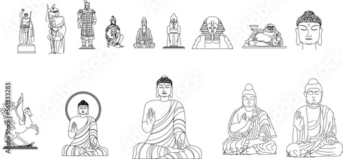 sketch vector illustration of ancient chinese buddha and goddess statues