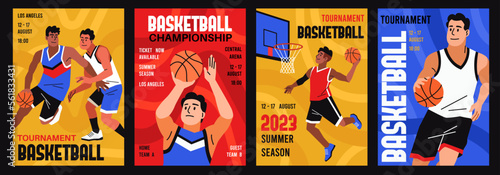 Basketball cards. Cartoon professional athletes in playing process, championship invitational posters collection, sport event flyers, tournament invitation template, tidy vector set