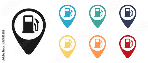 Gas station icon label on the map. Set of illustrations.