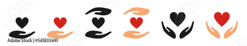 Heart icon in hands. Set of illustrations
