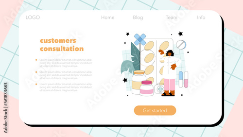 Pharmacy web banner or landing page. Pharmacist preparing