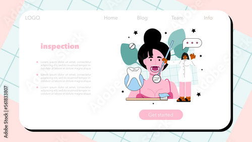Dentist web banner or landing page. Dental doctor in uniform treating