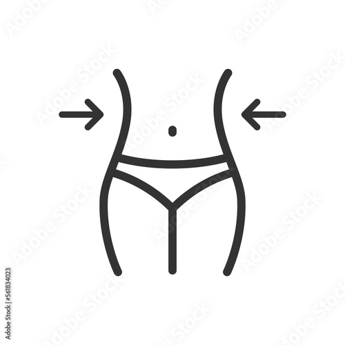 Woman weight loss outline vector icon isolated on white background. Stock illustration