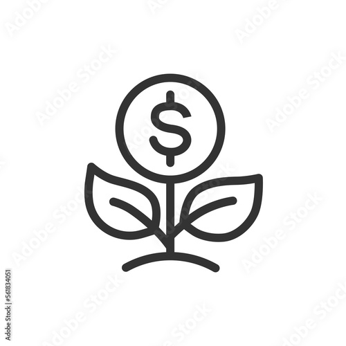 Dollar flower outline vector icon isolated on white background. Investment and money growth stock illustration