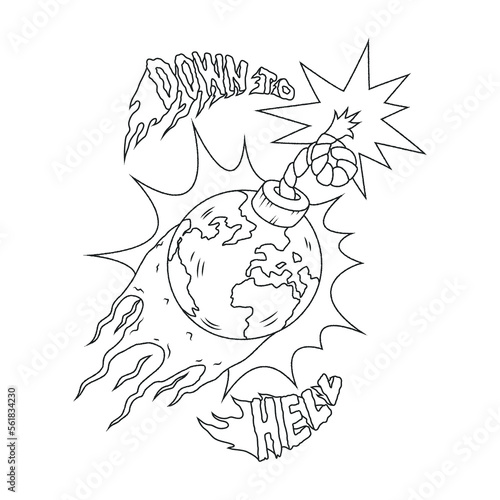 Isolated vector illustration of the Earth in the form of an ignition bomb. Thin line art work for t-shirt design, cover etc.