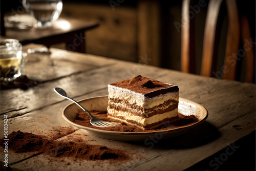 Cocoa tiramisu on a wooden table in a restaurant, Generative art